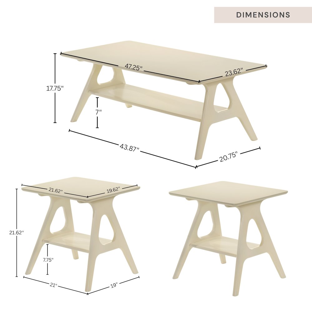 3-Piece Coffee Table Set, Coffee Table and Two End Tables, Off-White Finish