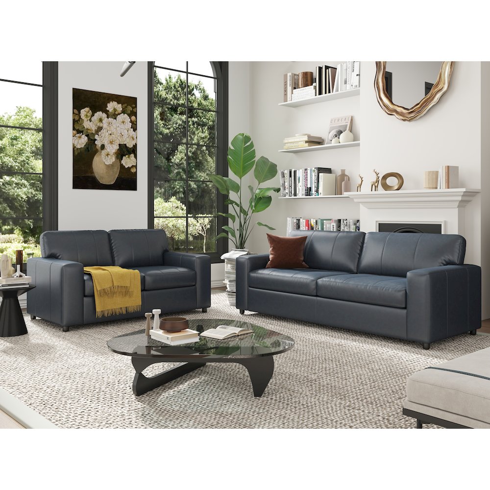 Sakan Leather 3-Pc Living Room Set, Sofa Loveseat and Chair, Blue