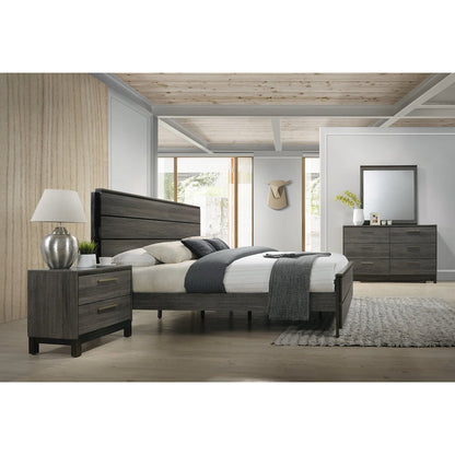 Antique Grey Finish Wood Bed Room Set, King Bed, Dresser, Mirror, Night Stand