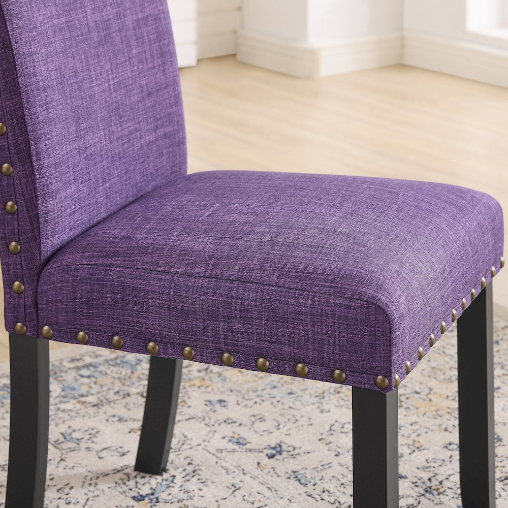 Biony Espresso Wood Dining Set with 4 Fabric Nailhead Chairs, Purple
