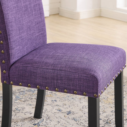 Biony Espresso Wood Dining Set with 4 Fabric Nailhead Chairs, Purple