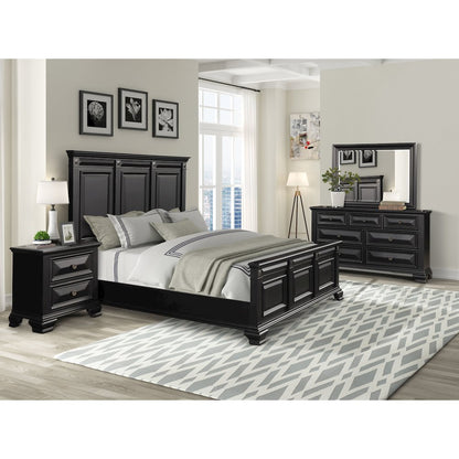 Vintage Black Wood Bedroom Set, King Panel Bed, Dresser, Mirror, Nightstand