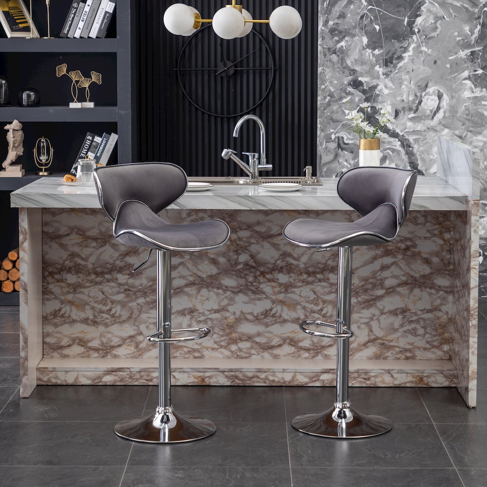 Masaccio Velvet Upholstered Adjustable Swivel Barstool, Set of 2, Gray