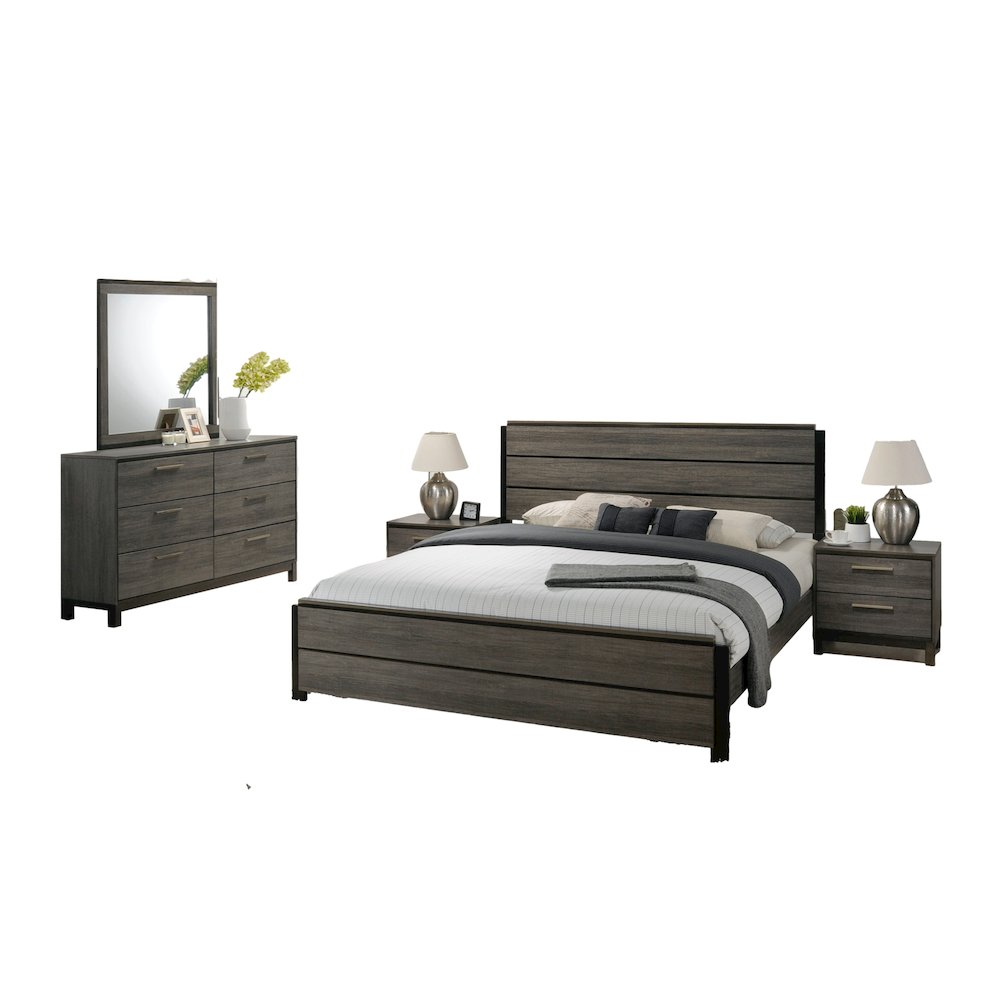 Antique Grey Finish Wood Bed Room Set, King Bed, Dresser, Mirror, 2 Night Stands