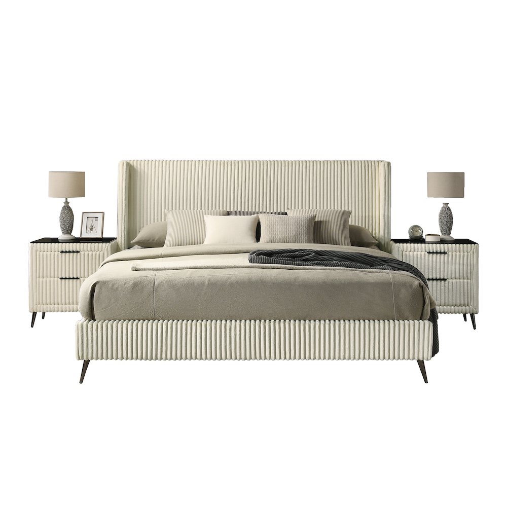 Mavela Wide Wale Corduroy Upholstery Panel King Bed with 2 Nightstands, Cream
