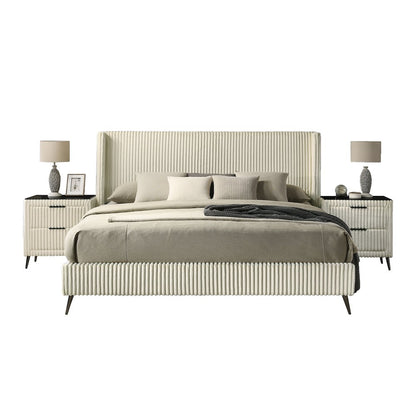 Mavela Wide Wale Corduroy Upholstery Panel King Bed with 2 Nightstands, Cream