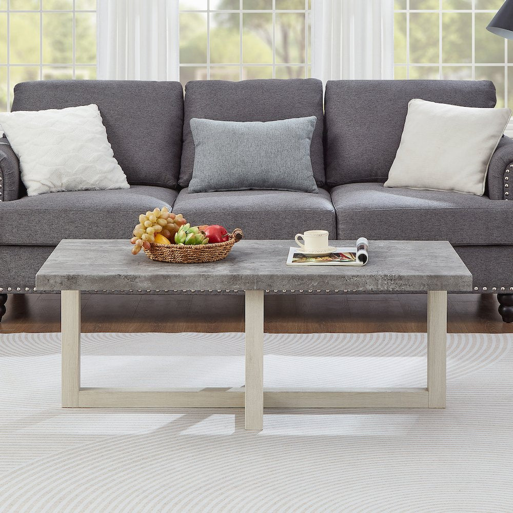 Luno Contemporary Coffee Table, Faux Concrete and White