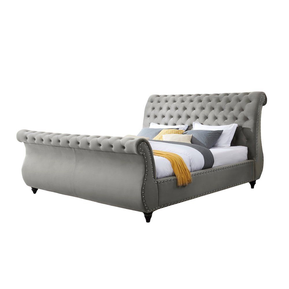 Evora Gray Velvet Upholstered Button Tufted Sleigh Bed, King