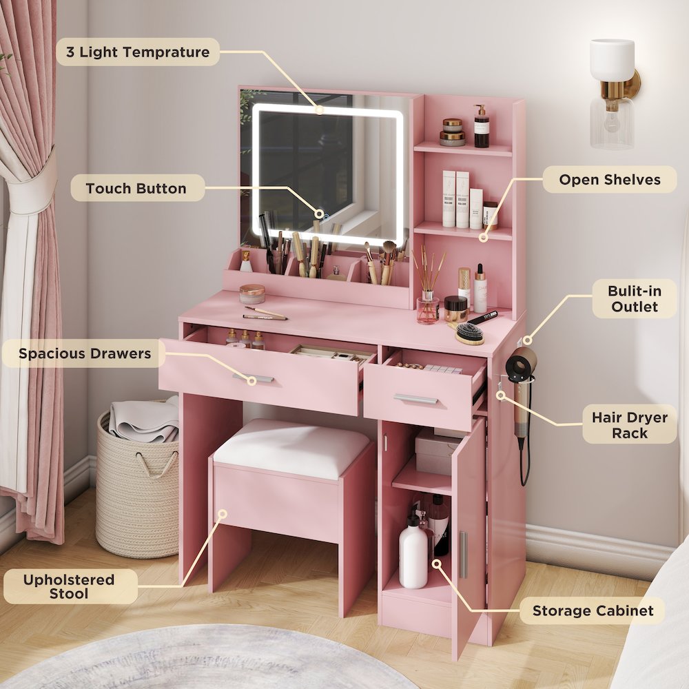 Makeup Vanity Set, Vanity Desk, Stool, LED Light Mirror, Pink