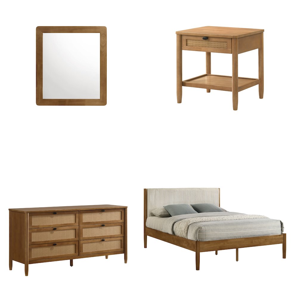 Vichy 4-Pc Bedroom Set with Queen Bed, Dresser, Mirror, Nightstand