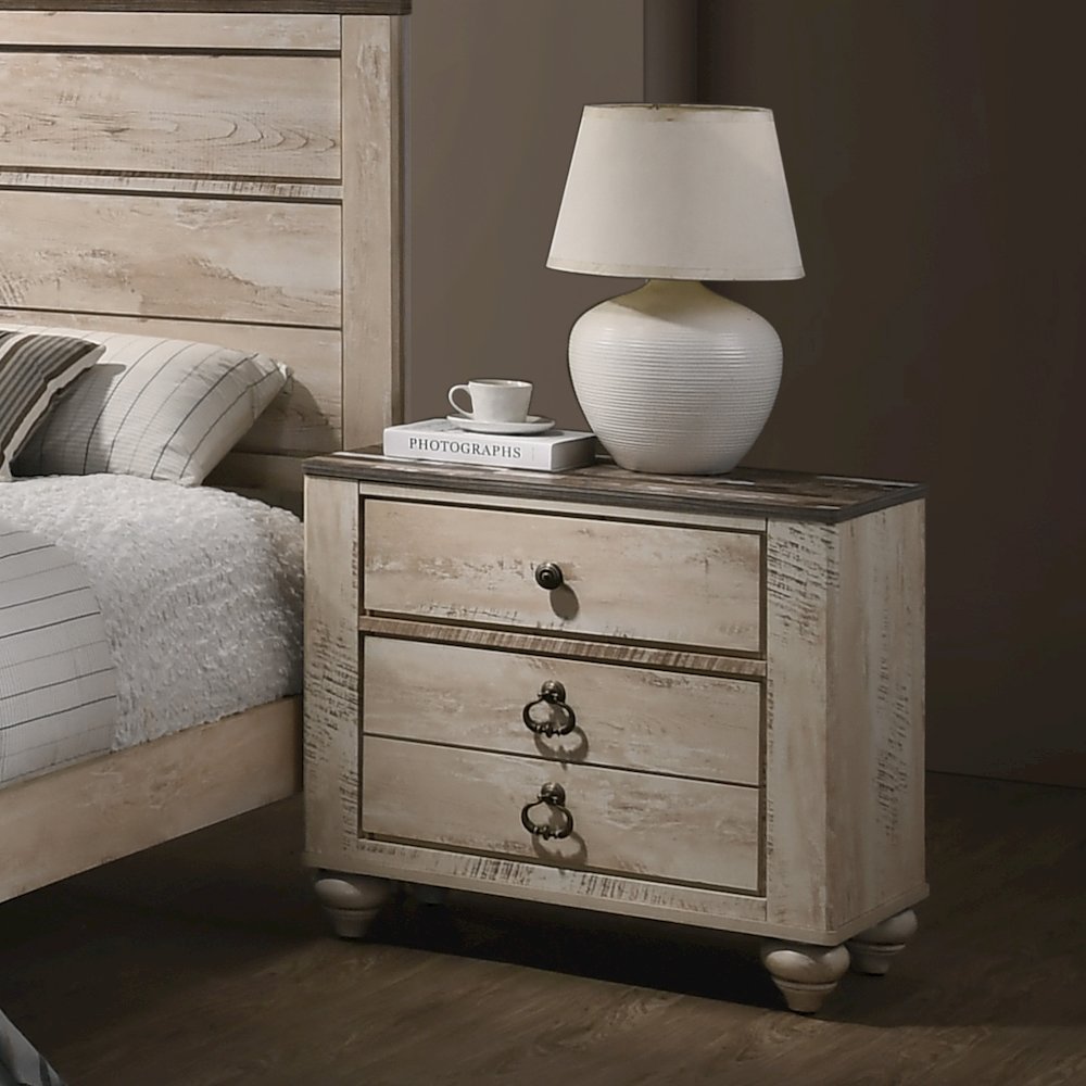 White Wash Finish 3-Piece Bedroom Set-King Bed and Two Nightstands
