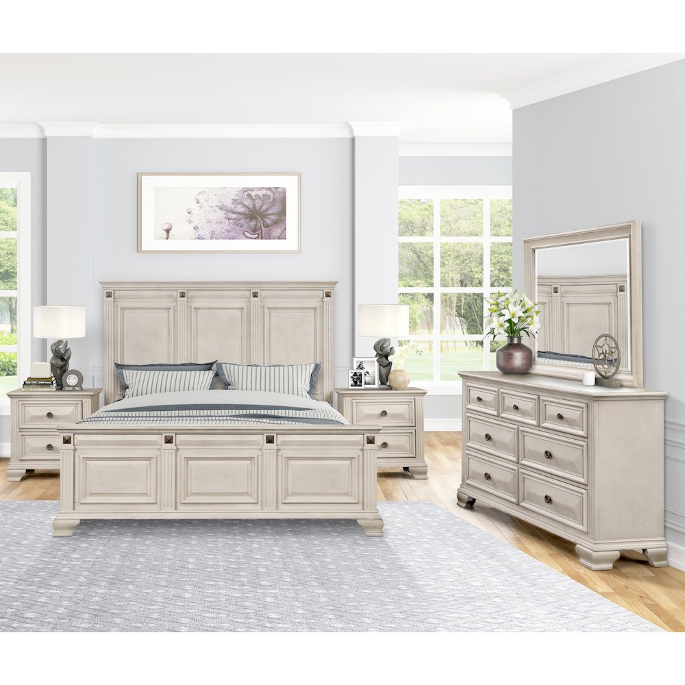 Distressed Parchment Wood Bedroom Set, King Bed, Dresser, Mirror, 2 Nightstands