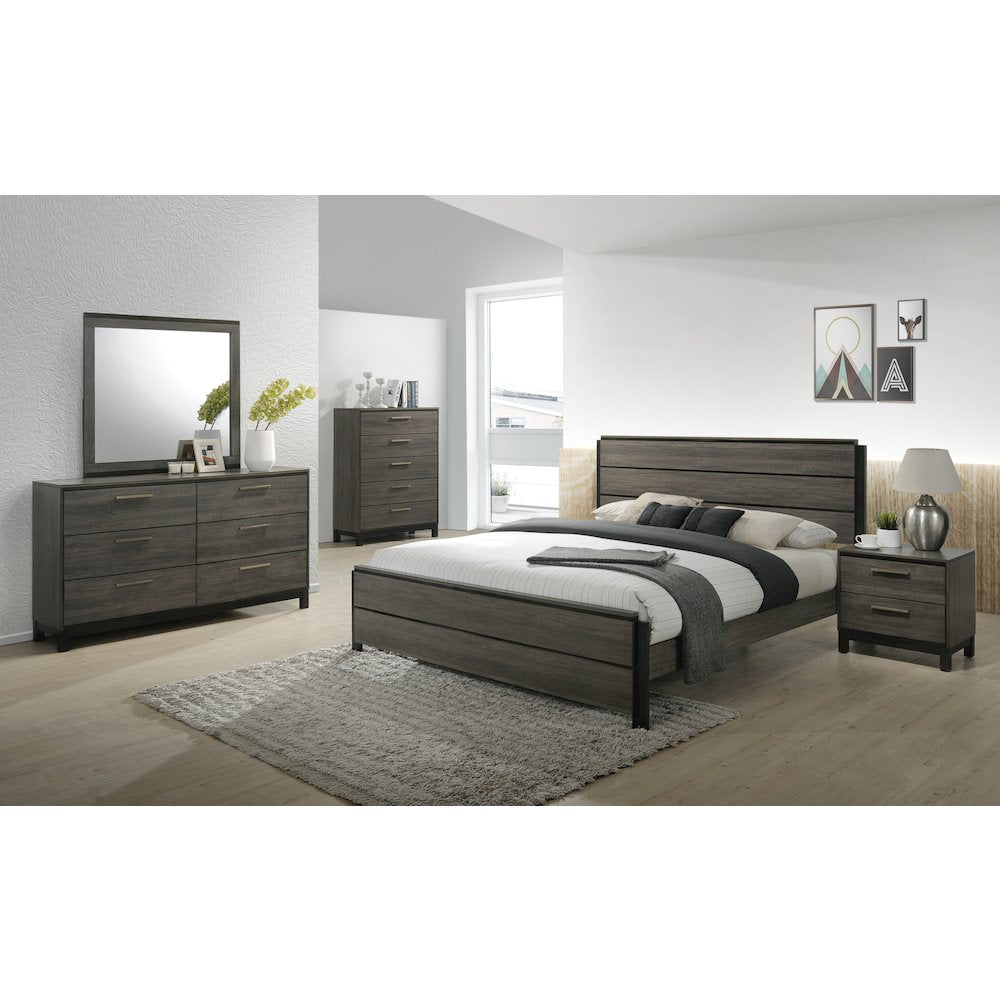 Grey Finish Wood Bed Room Set, Queen Bed, Dresser, Mirror, Night Stand, Chest