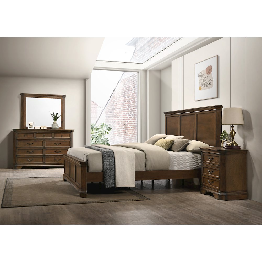 Wood Panel Bed, Dresser, Mirror, Nightstand, King, Antique Walnut Finish