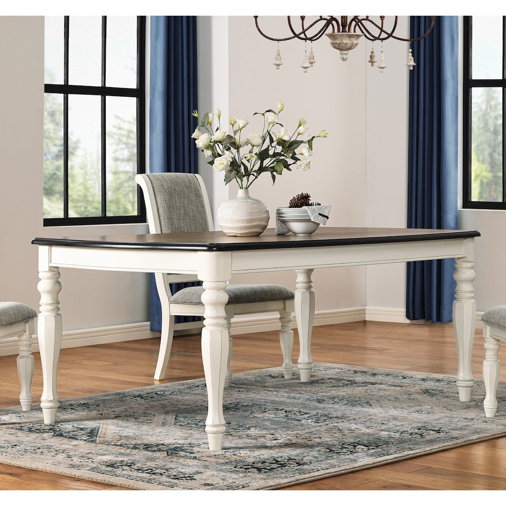 Belleza French Country Dining Table, Antique White and Weathered Oak Finish