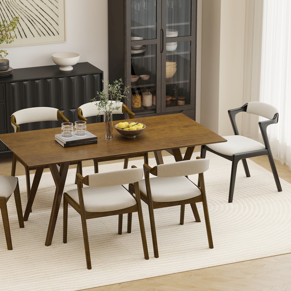 Lavin Modern 7-Piece Dining Set, Dining Table with 2 Black and 4 Walnut Chairs