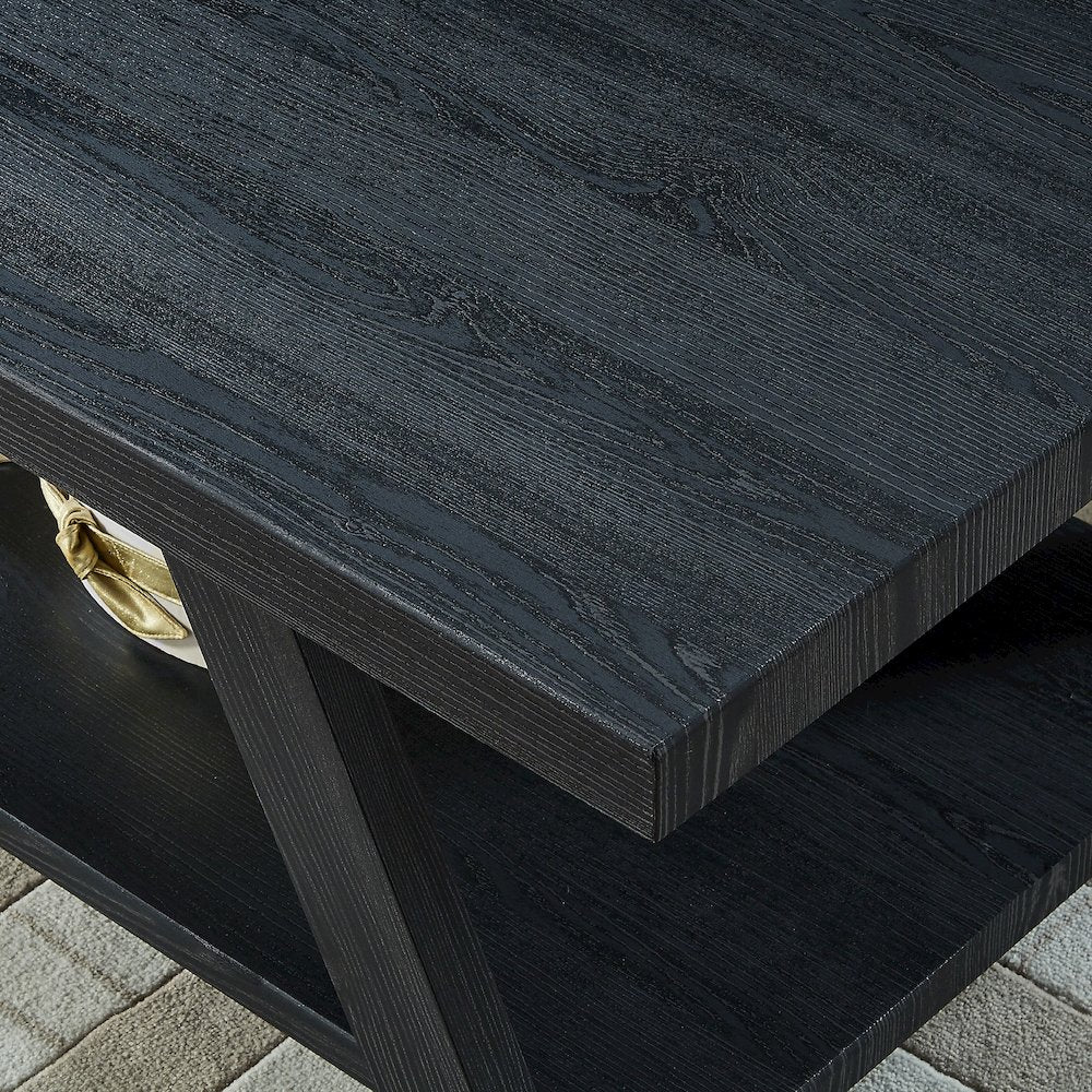 Athens Contemporary Replicated Wood Shelf Coffee Set Table in Black Finish