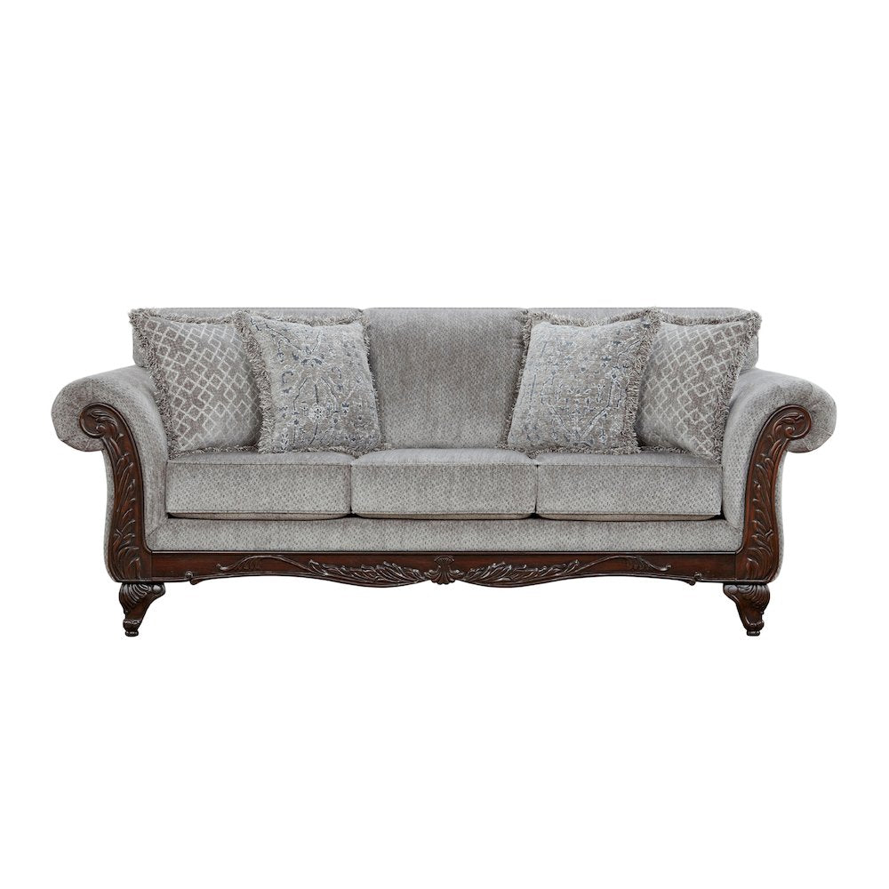Hernen Carved Wood Frame Gray Sofa