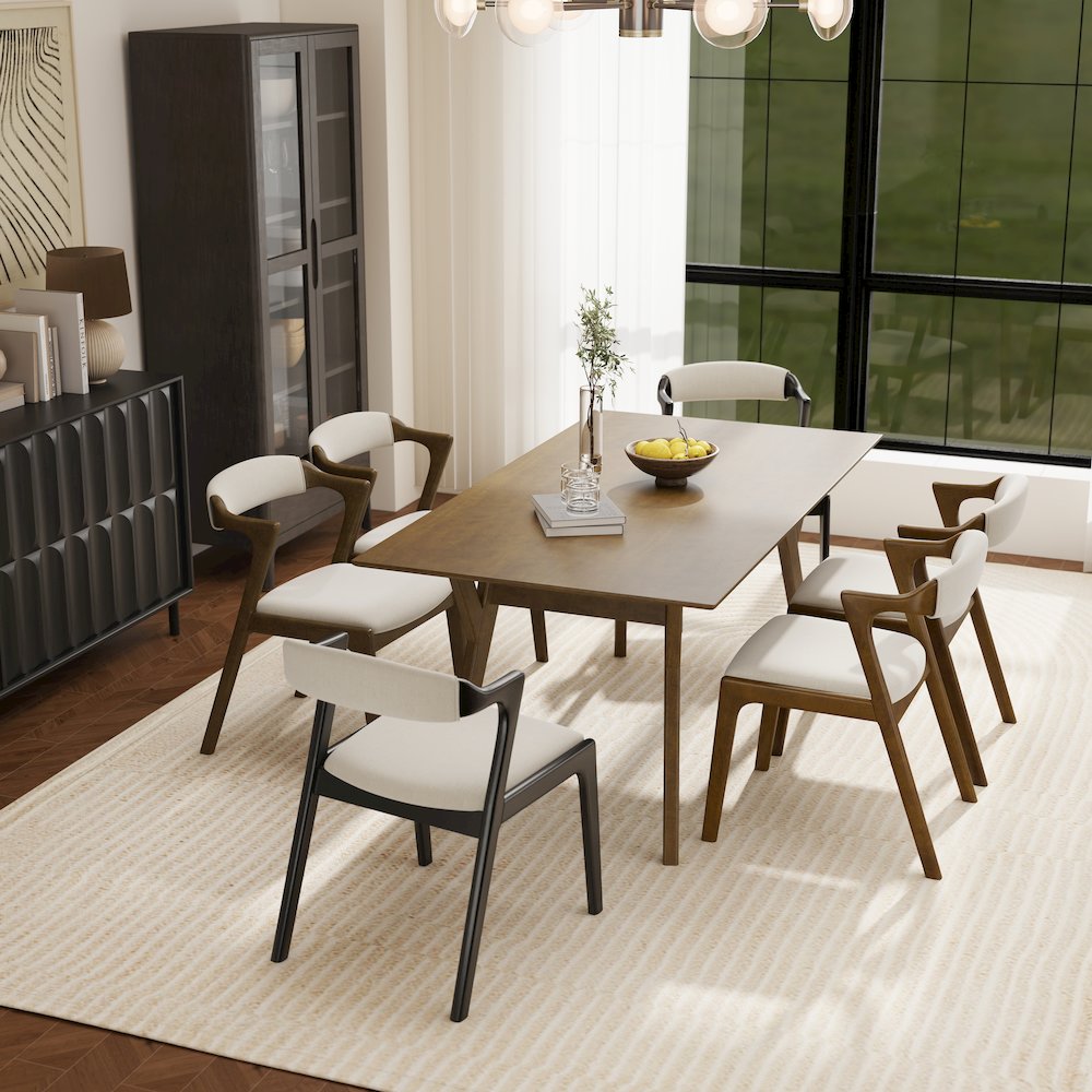 Lavin Modern 7-Piece Dining Set, Dining Table with 2 Black and 4 Walnut Chairs