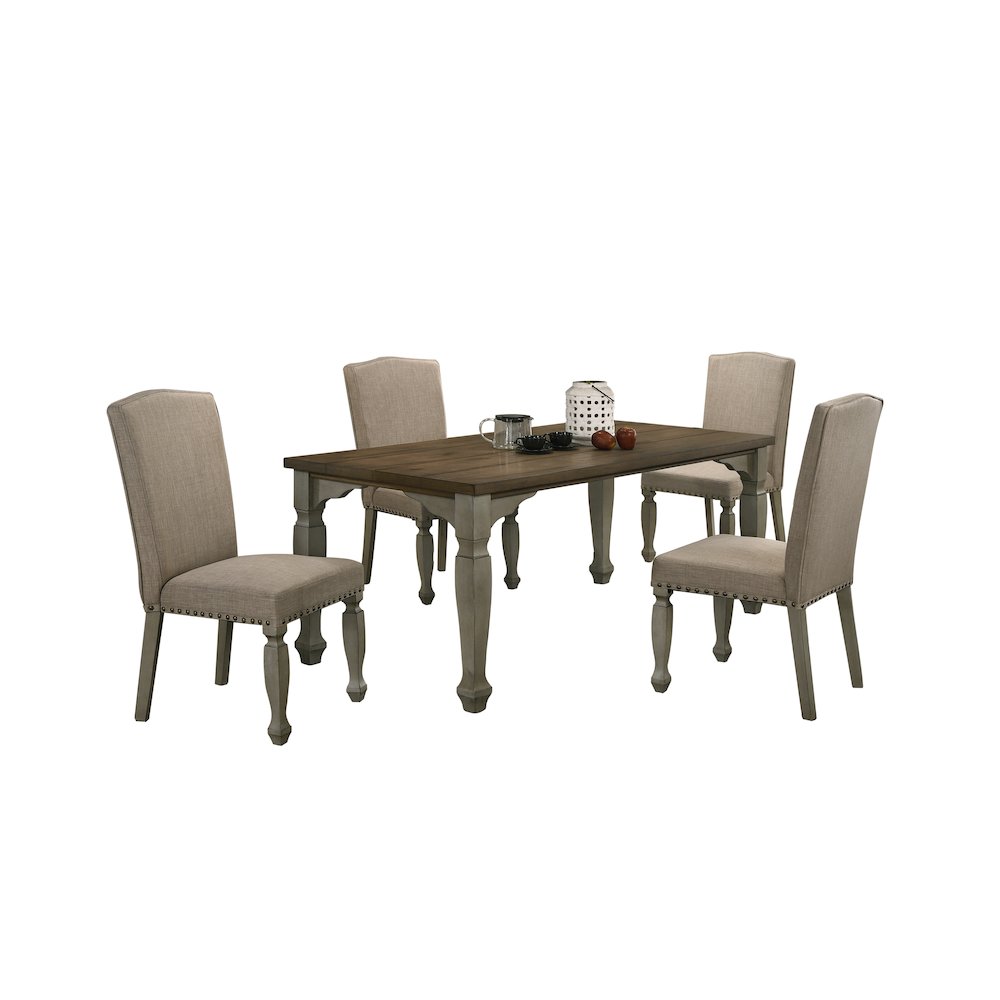 Breda Antique Gray and Dark Oak Finished Wood Dining Set, Table with Four Chairs