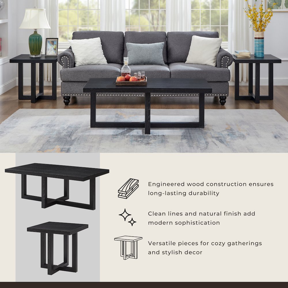 Luno 3-Piece Coffee Table Set, Coffee Table and Two End Tables, Black