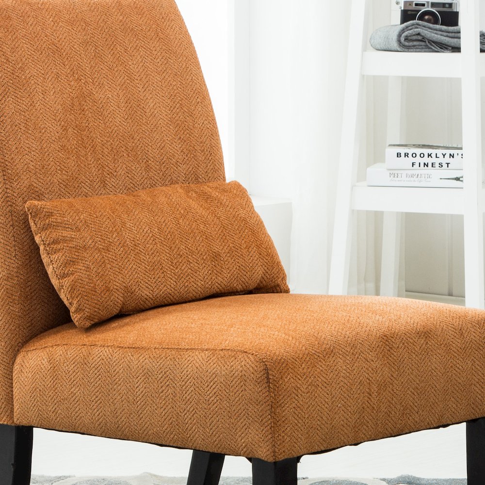 Pisano Orange Fabric Armless Accent Chair with Matching Kidney Pillow