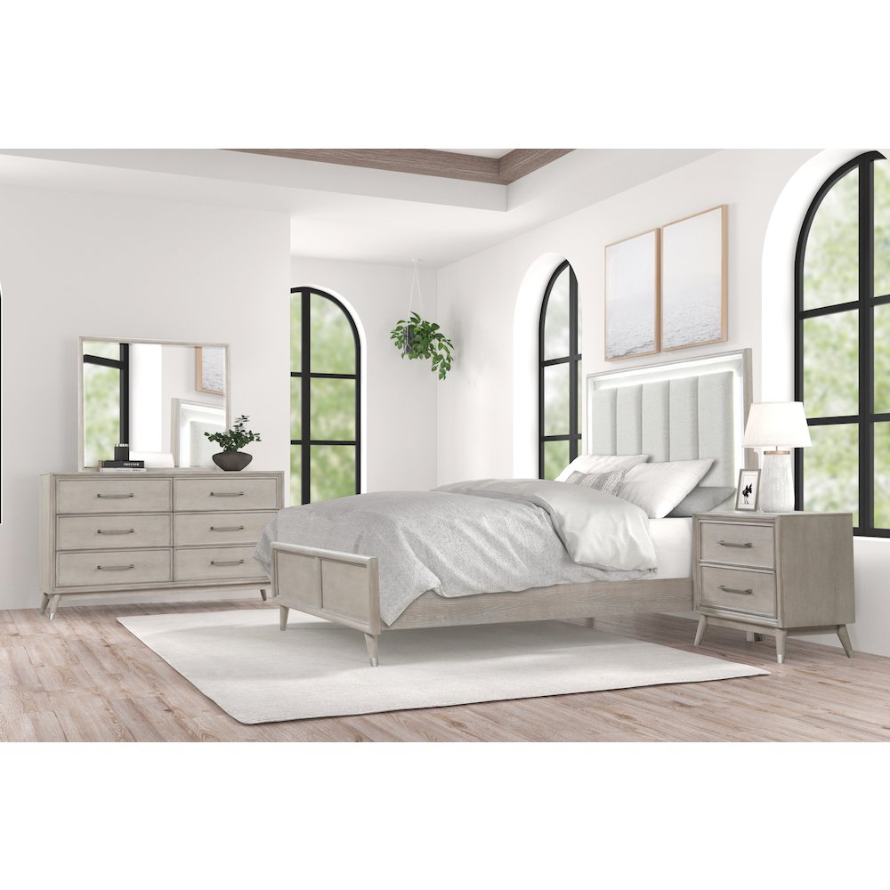 Seluna 4-Piece Bedroom Set with Touch LED Lighting, Gray Oak Finish, Queen