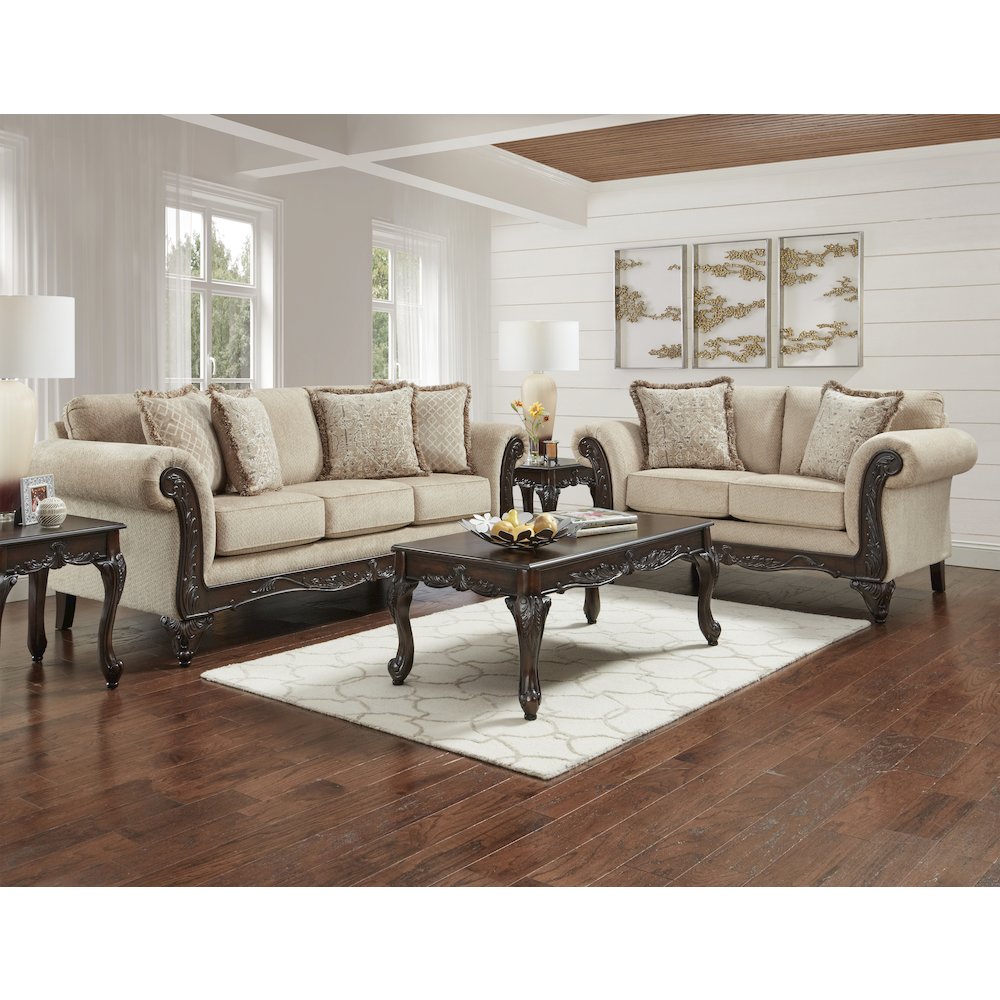 Hernen 2-Piece Living Room Set, Carved Wood Frame Sofa and Loveseat, Emma Wheat