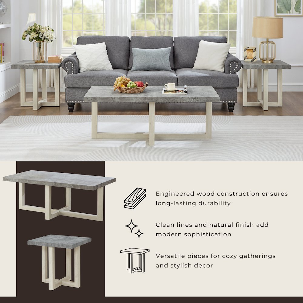 3-Piece Coffee Table Set, Coffee Table, Two End Tables, Faux Concrete and White
