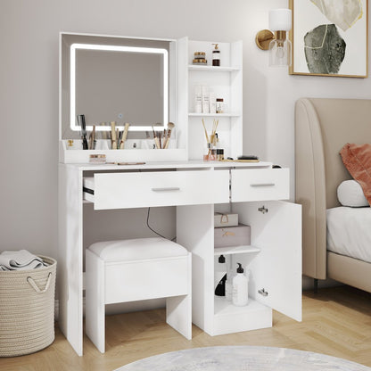 Makeup Vanity Set, Vanity Desk with Stool, LED Light Mirror, White