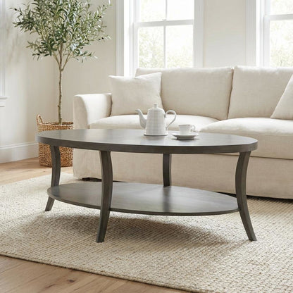 Gray Oval Coffee Table with Open Shelf and Sturdy Frame for Living Room