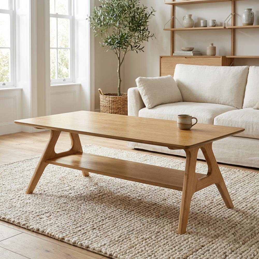 Oak Coffee Table with Wood Shelf and Mid-Century Modern Design