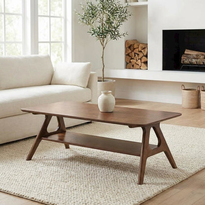 Mid-Century Modern Wood Coffee Table with Shelf and Storage Space