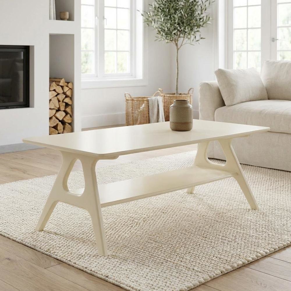 Off-White Coffee Table with Wood Shelf and Mid-Century Modern Design