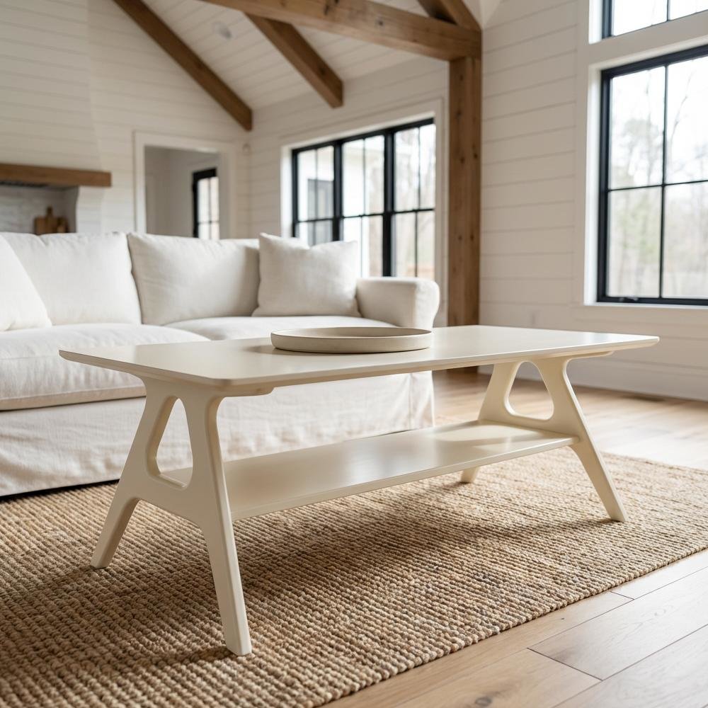Off-White Coffee Table with Wood Shelf and Mid-Century Modern Design