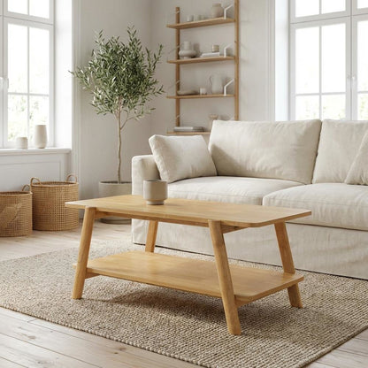 Oak Coffee Table with Mid-Century Wood Shelf and Sturdy Design