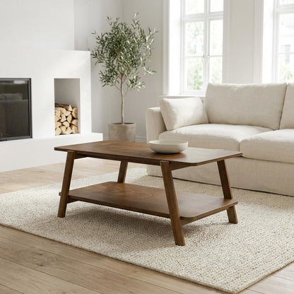 Walnut Wood Coffee Table with Mid-Century Modern Shelf and Storage Space