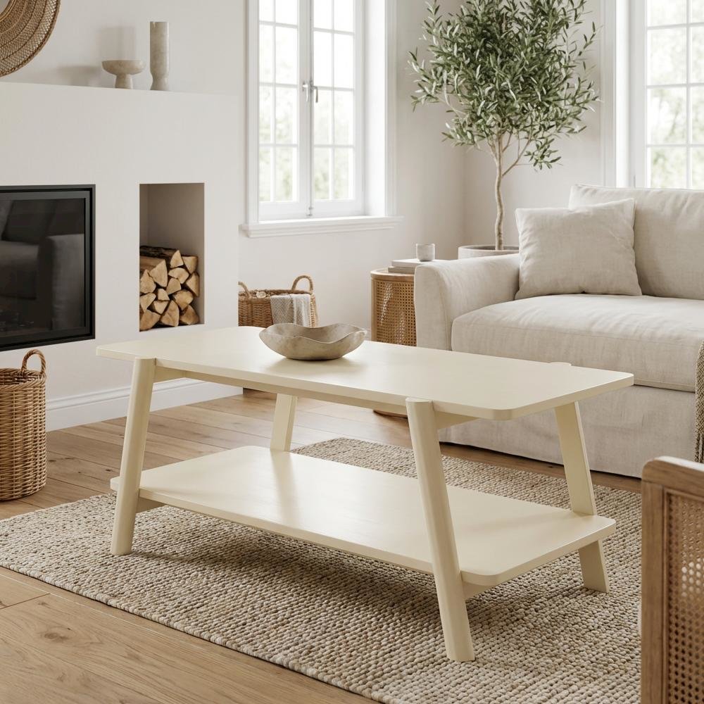 Off-White Mid-Century Modern Coffee Table with Wood Shelf and Sturdy Frame