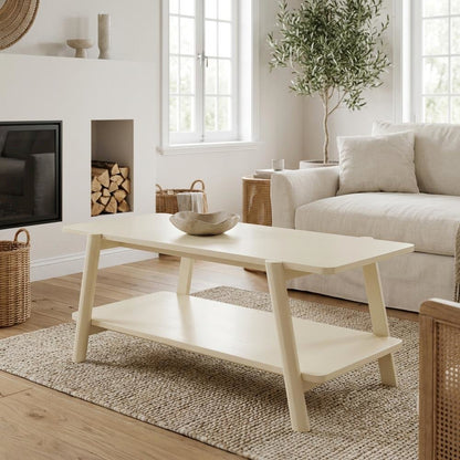 Off-White Mid-Century Modern Coffee Table with Wood Shelf and Sturdy Frame