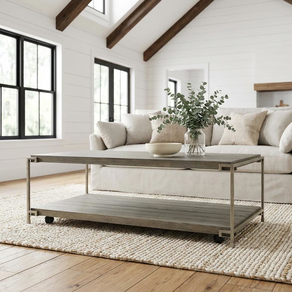 Metal Frame Coffee Table with Casters and Wood Top Durable Livable Design