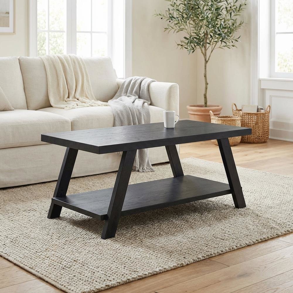 Black Replicated Wood Coffee Table with Open Shelf Storage and Modern Design