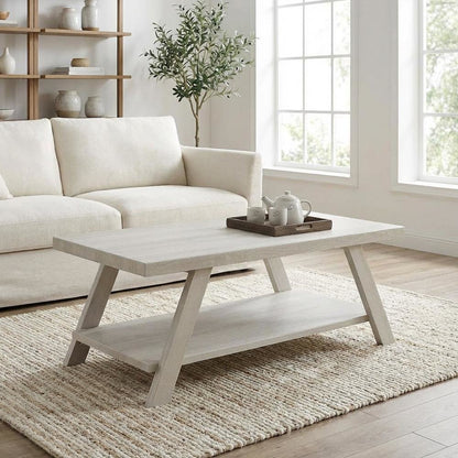 White Wood Coffee Table with Contemporary Shelf and Sturdy Construction