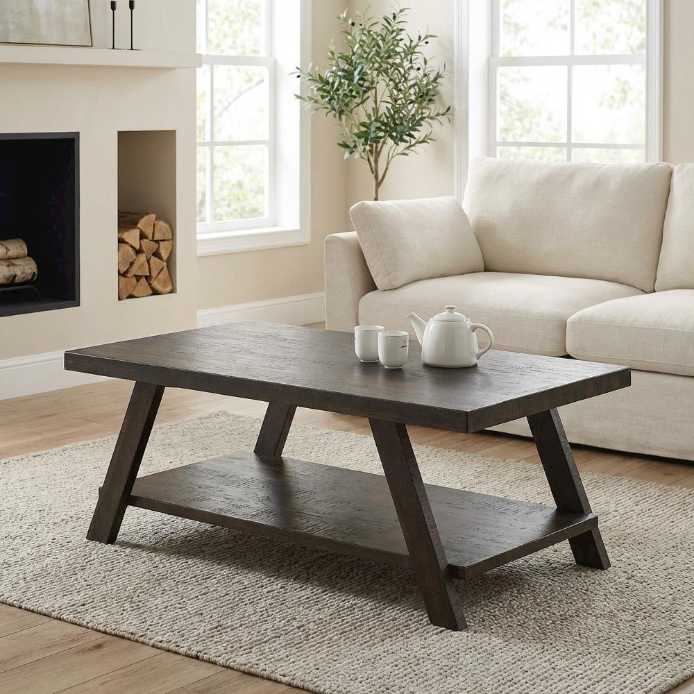 Contemporary Wood Shelf Coffee Table Weathered Espresso with Open Storage Design