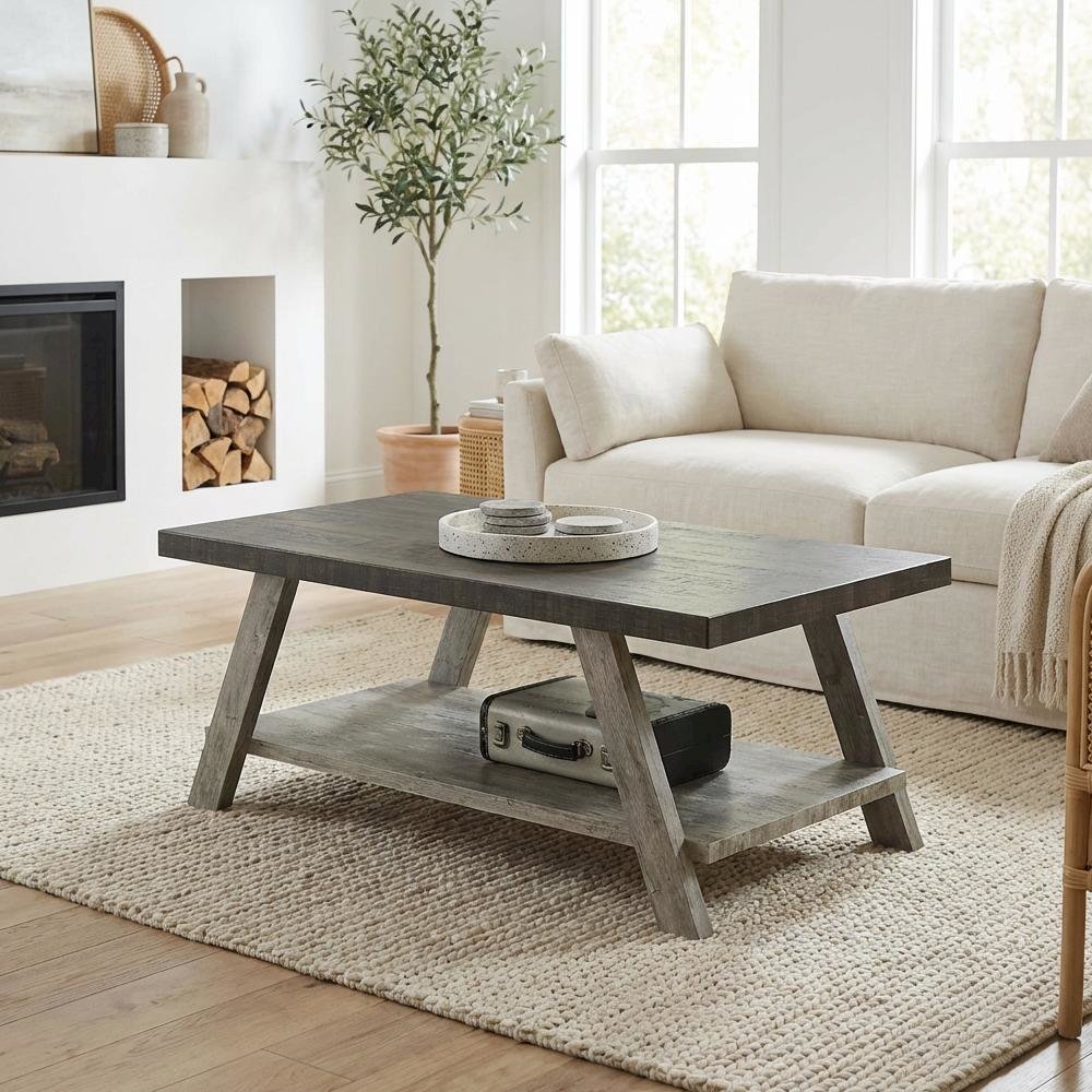 Two-Tone Wood Coffee Table in Weathered Walnut Gray with Open Shelf Storage