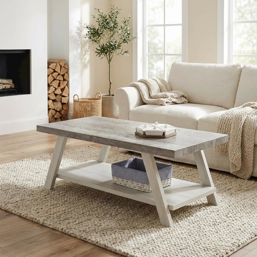 Two-Tone Weathered Gray and Beige Wood Shelf Coffee Table with Storage