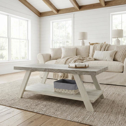 Two-Tone Weathered Gray and Beige Wood Shelf Coffee Table with Storage