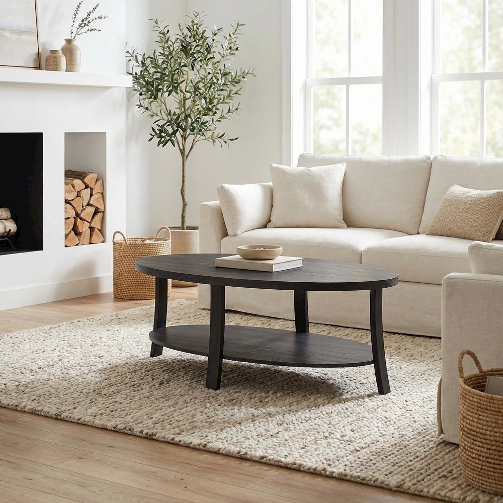 Contemporary Charcoal Oval Wood Shelf Coffee Table with Storage Space