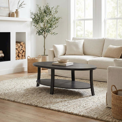 Contemporary Charcoal Oval Wood Shelf Coffee Table with Storage Space
