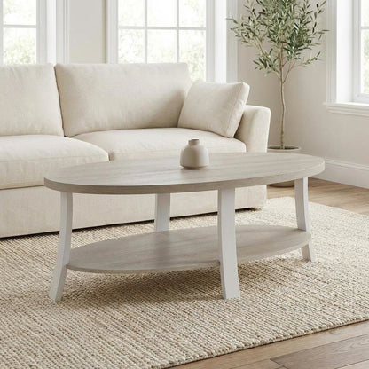 White Oval Wood Shelf Coffee Table with Contemporary Design and Storage Space