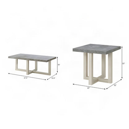 Wood Faux Concrete-Top Coffee and End Table 3 Piece Set, Faux Concrete and White